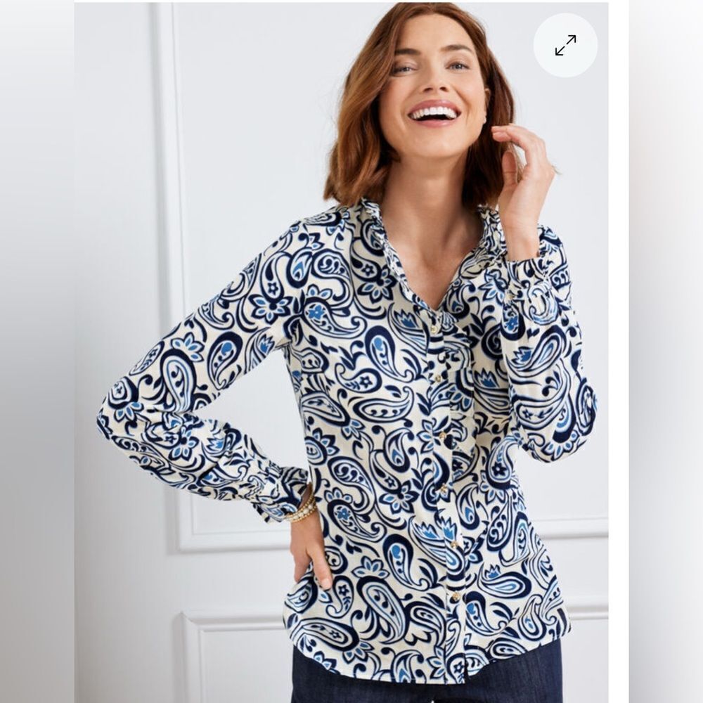 Talbots Ruffle Blouse size XL Primary Paisley Blue White 100% Cotton Shirt Top